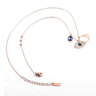 Blue Stone Waterdrop Eye Shaped Pendant Stainless Steel Necklace Jewelry Rose Gold