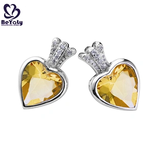 Plating platinum yellow stone solid silver heart earrings