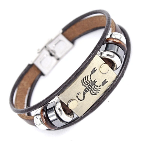 Wholesale Love Zodiac Engraved Braided Leather Stainless Steel Women Bangle Bracelet Clasp