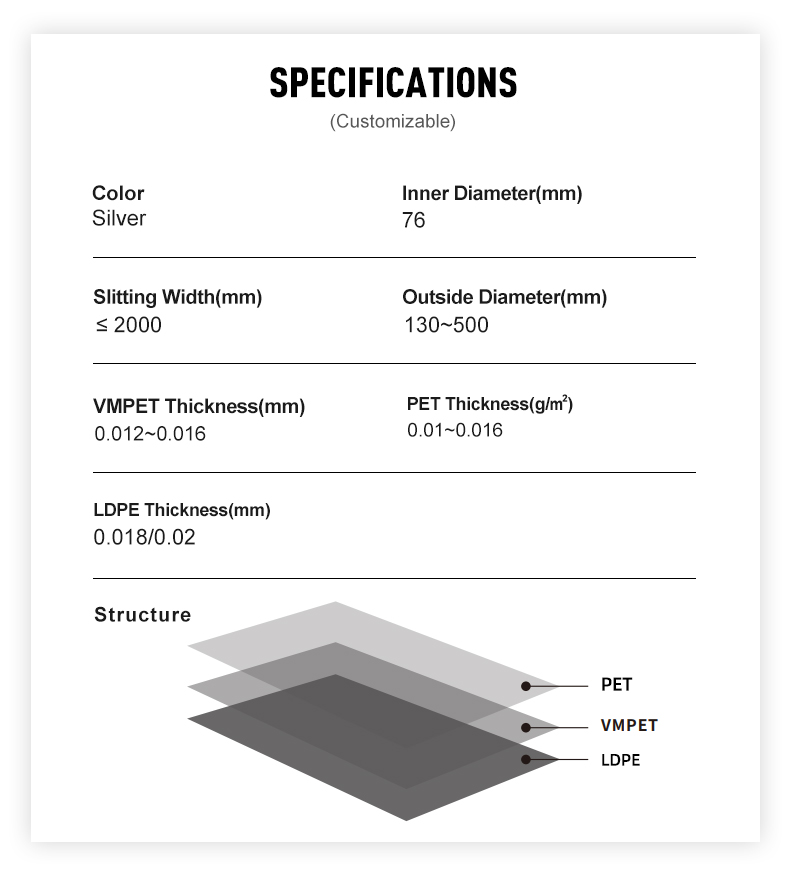 PET/VMPET/LDPE laminating material
