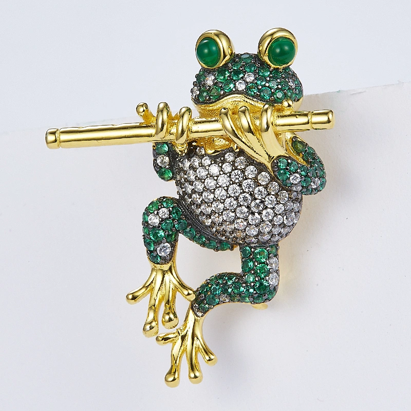The frog flute music instruments 925 silver brooch,animal silver jewellery,Dress collocation jewelry chest,