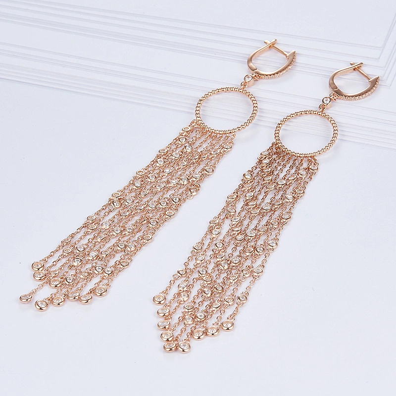 Beautiful tassels girl long earrings bling jewelry,925 sterling silver rose gold stud earrings,