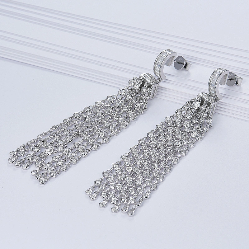 Long tassel earrings jewelry,925 sterling silver zircon silver,Wholesale jewelry processing factory