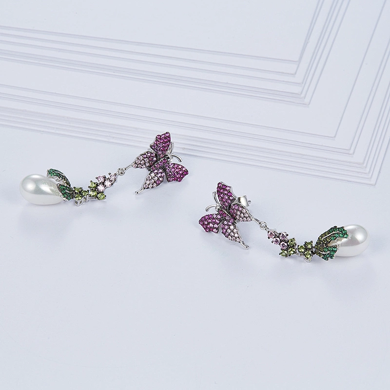 Colorful butterfly pearl tassel earrings,925 silver ornament