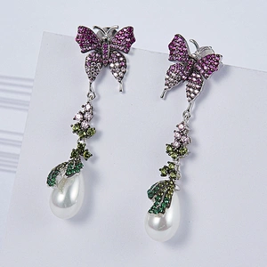 Colorful butterfly pearl tassel earrings,925 silver ornament