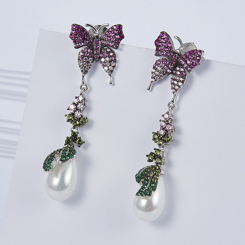 Colorful butterfly pearl tassel earrings,925 silver ornament