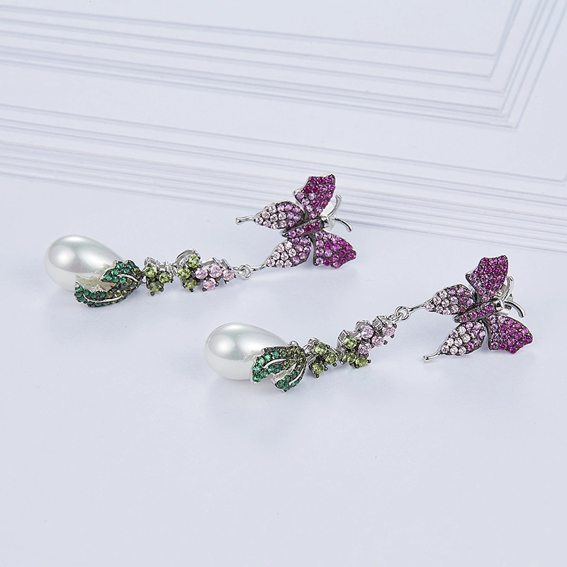 Colorful butterfly pearl tassel earrings,925 silver ornament