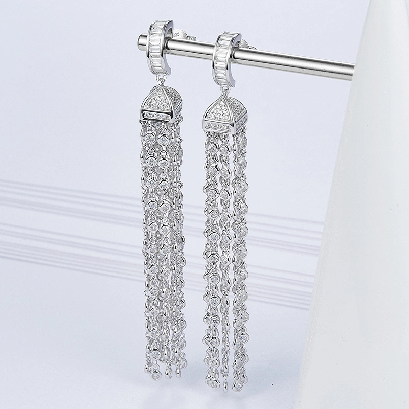 Long tassel earrings jewelry,925 sterling silver zircon silver,Wholesale jewelry processing factory