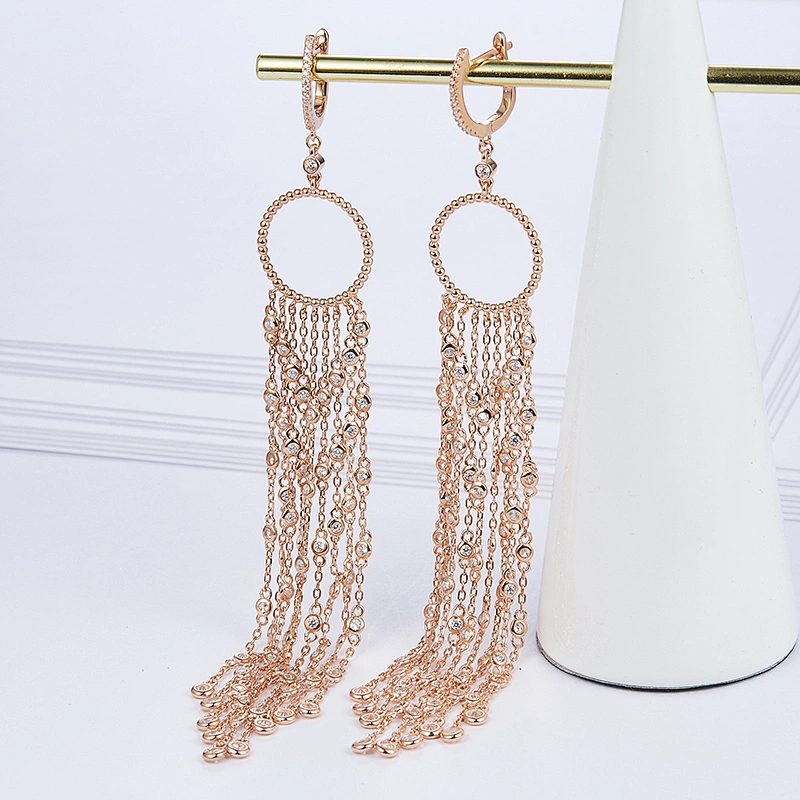Beautiful tassels girl long earrings bling jewelry,925 sterling silver rose gold stud earrings,