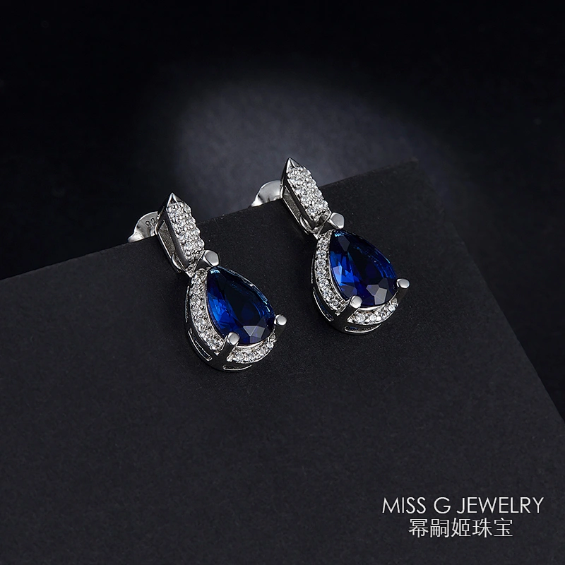 Fashion 925 Silver Earrings Water Drops Sapphire Ear Nails Jewelry large jewelry factory,OEM/ODM Jewelry Trade processing customized,Wholesale jewelry manufacturer