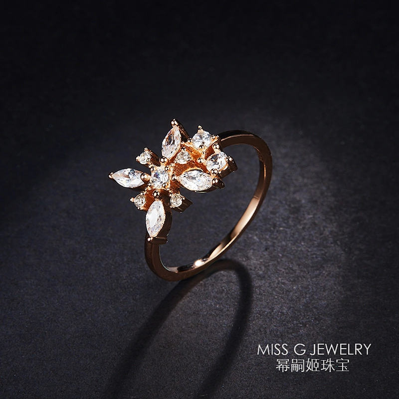 Customized 925 Silver Rose-gold Zircon Fashion Winter Flower Ring Batch Customization