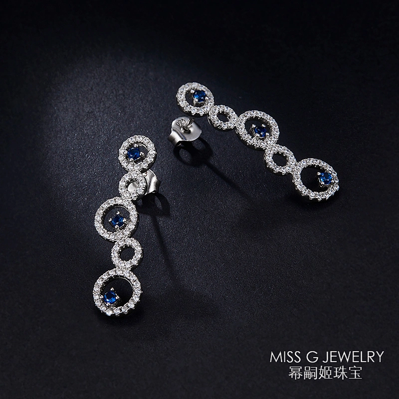 New S925 Silver Five-Ring Sapphire Earrings large jewelry factory,OEM/ODM Jewelry Trade processing customized,Wholesale jewelry manufacturer