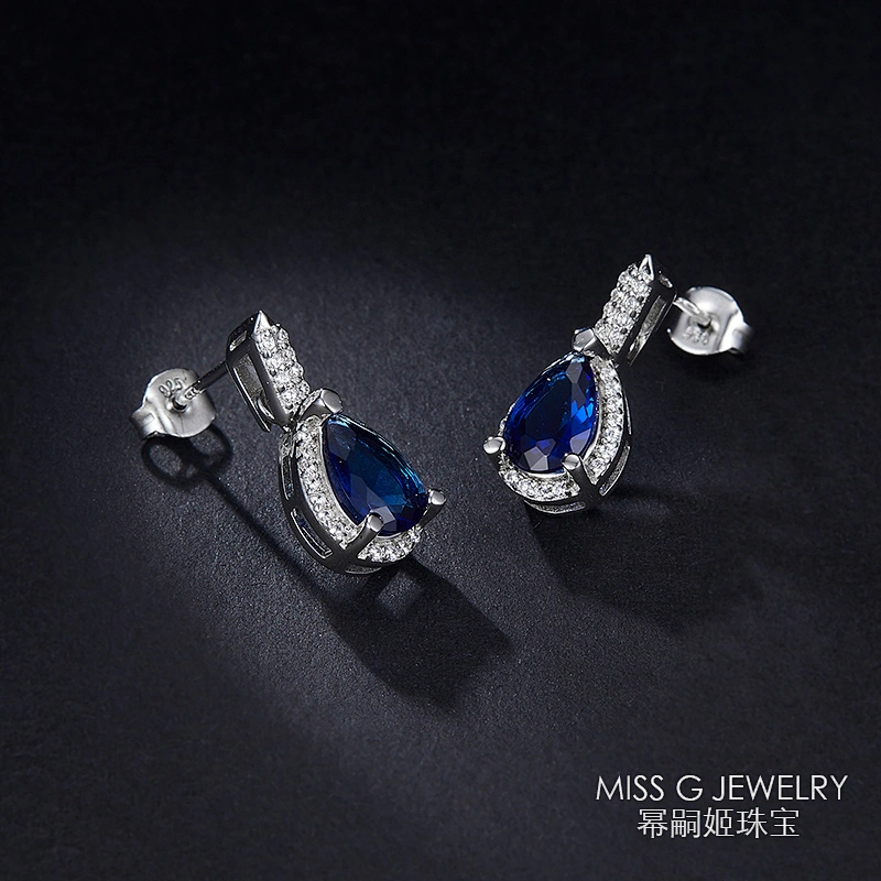 Fashion 925 Silver Earrings Water Drops Sapphire Ear Nails Jewelry large jewelry factory,OEM/ODM Jewelry Trade processing customized,Wholesale jewelry manufacturer