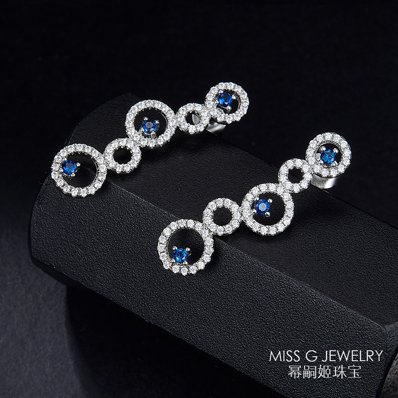 New S925 Silver Five-Ring Sapphire Earrings large jewelry factory,OEM/ODM Jewelry Trade processing customized,Wholesale jewelry manufacturer