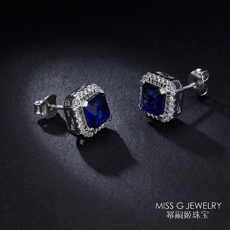 Fashion 925 Silver Earrings Square Sapphire Ear Nails Jewelry large jewelry factory,OEM/ODM Jewelry Trade processing customized,Wholesale jewelry manufacturer