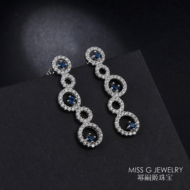 New S925 Silver Five-Ring Sapphire Earrings large jewelry factory,OEM/ODM Jewelry Trade processing customized,Wholesale jewelry manufacturer