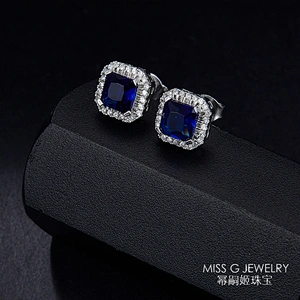 Fashion 925 Silver Earrings Square Sapphire Ear Nails Jewelry large jewelry factory,OEM/ODM Jewelry Trade processing customized,Wholesale jewelry manufacturer