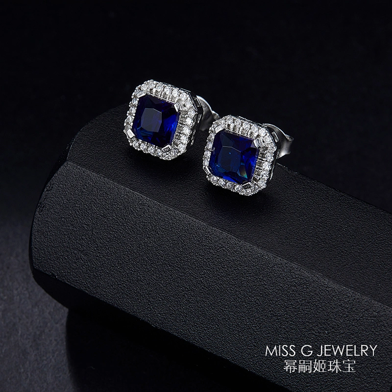 Fashion 925 Silver Earrings Square Sapphire Ear Nails Jewelry large jewelry factory,OEM/ODM Jewelry Trade processing customized,Wholesale jewelry manufacturer