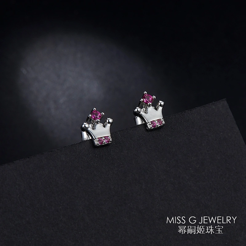 Fashion 925 Silver Earrings Temperament Ear Nails Manufacturer Customized Wholesale Ruby Crown Style