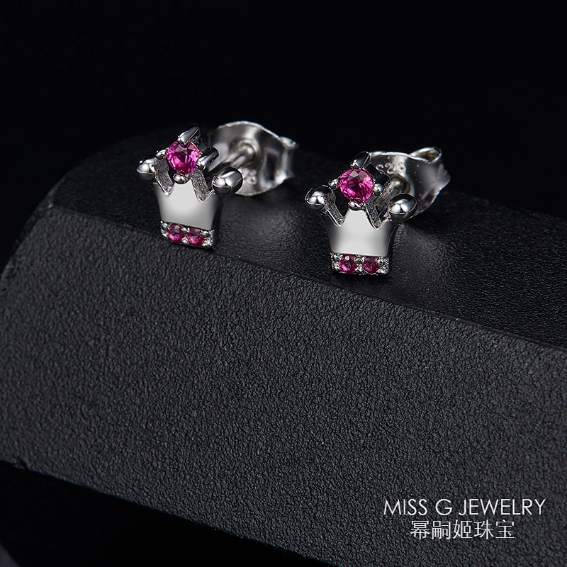 Fashion 925 Silver Earrings Temperament Ear Nails Manufacturer Customized Wholesale Ruby Crown Style