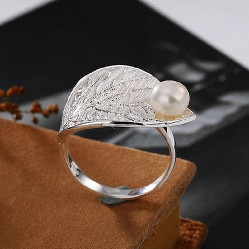 925 silver leaf Pearl Ring large jewelry factory,OEM/ODM Jewelry Trade processing customized,Wholesale jewelry manufacturer
