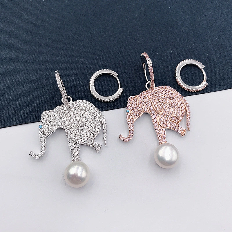 European and American diamond inlaid White Gold Elephant Pearl Earrings large jewelry factory,OEM/ODM Jewelry Trade processing customized,Wholesale jewelry manufacturer
