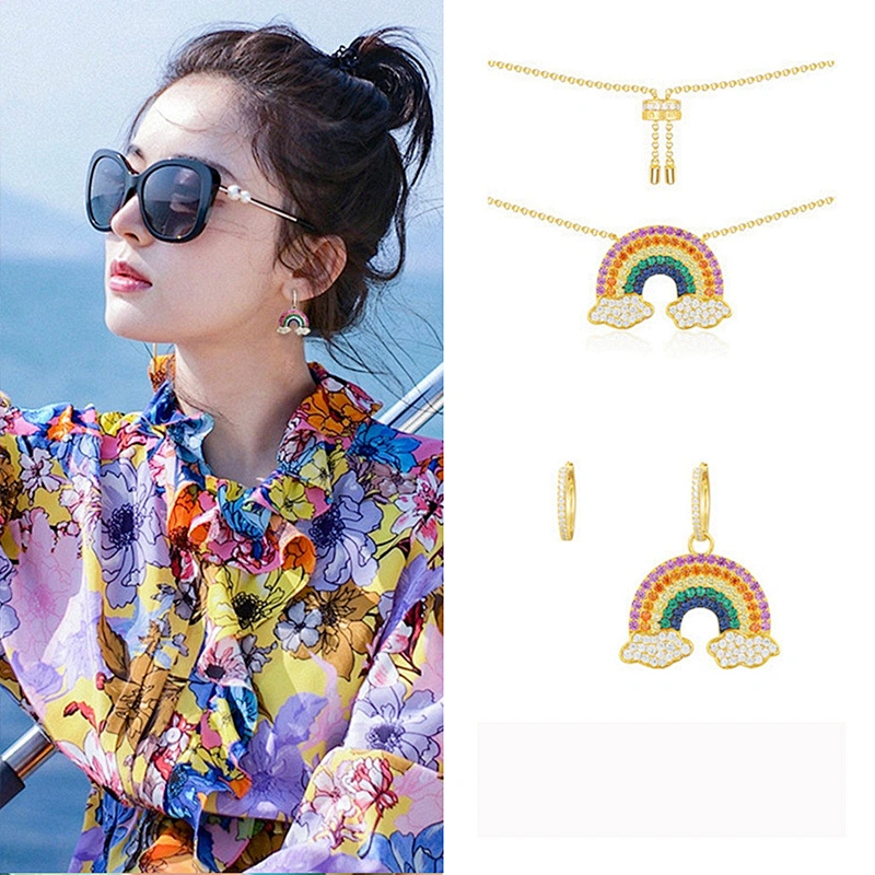 S925 brass plated rainbow Pendant Necklace women's stone inlay large jewelry factory,OEM/ODM Jewelry Trade processing customized,Wholesale jewelry manufacturer