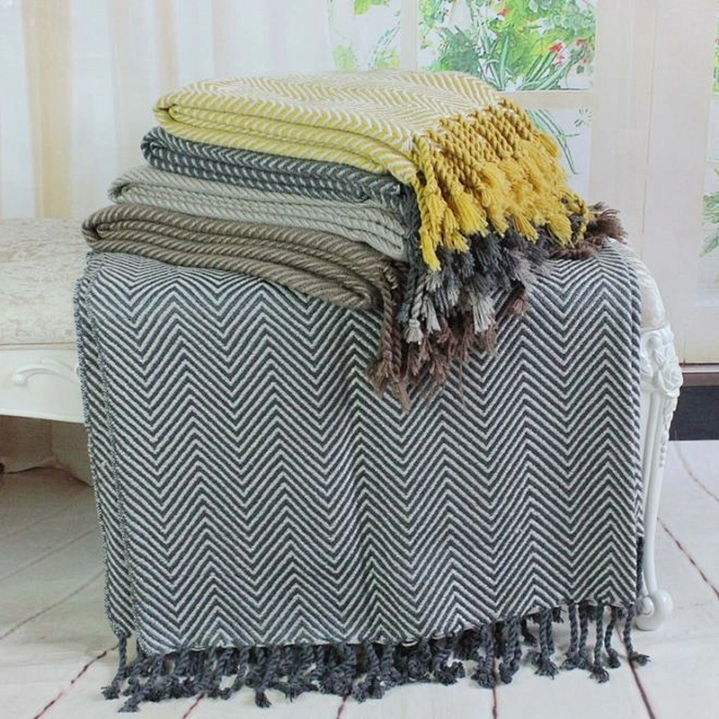100% Acrylic Herringbone Jacquard Wool Handle Woven Blanket Throw