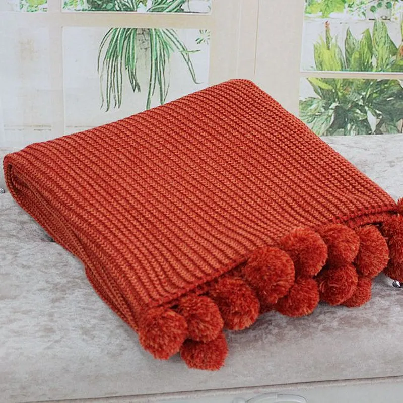 100%Acrylic Sofa Decorative Factory Knitted Pompom Blanket Throw