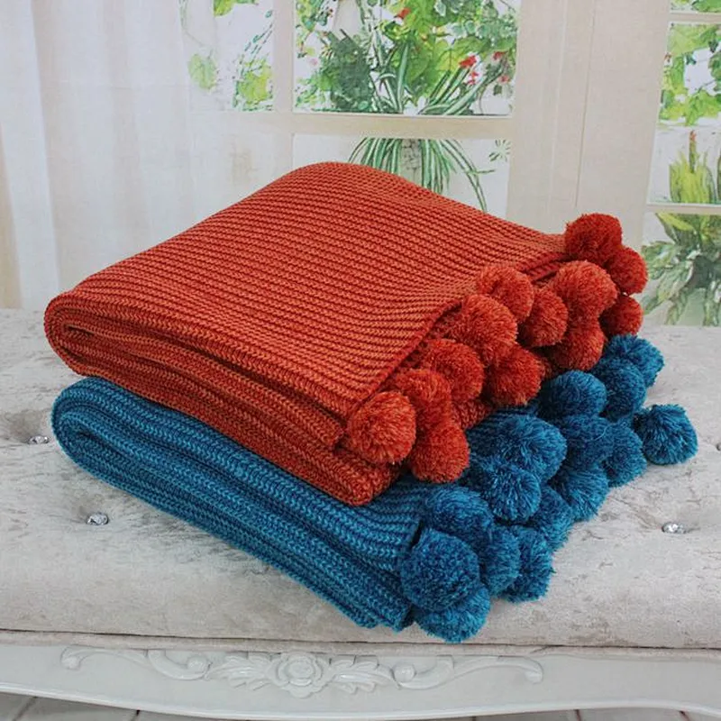 100%Acrylic Sofa Decorative Factory Knitted Pompom Blanket Throw
