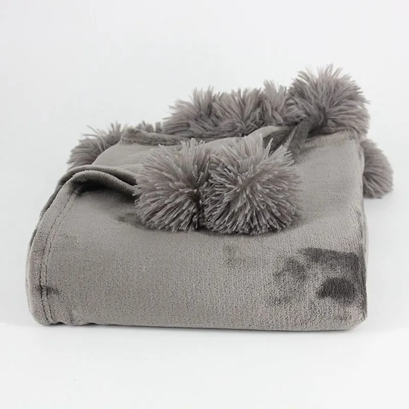 100% Polyester Super Soft Flannel Fleece Pom Pom Blanket