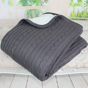 Double Layers Cable Knit Throw with Sherpa Backing