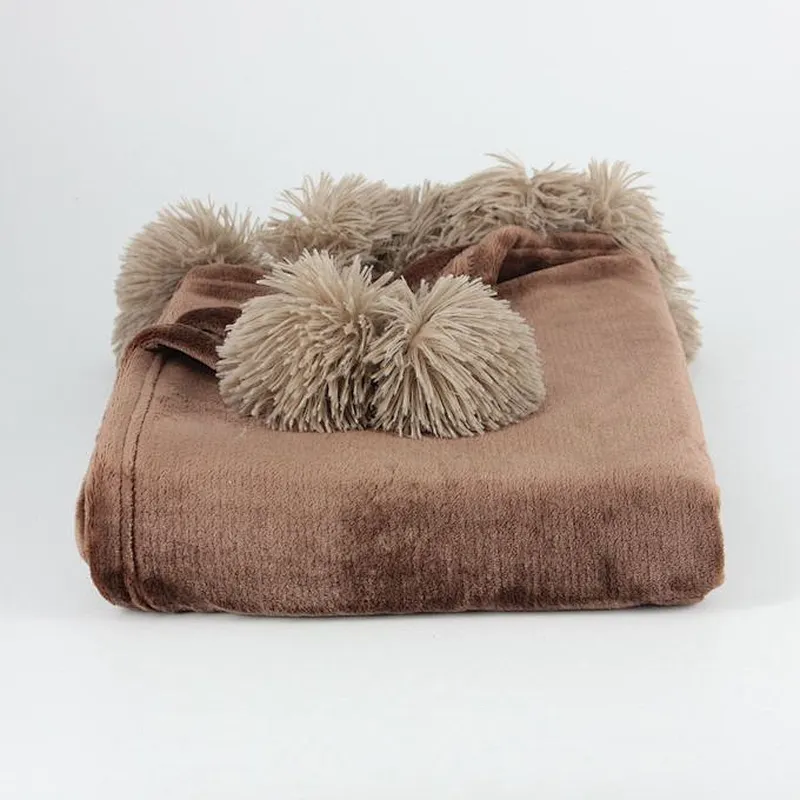 100% Polyester Super Soft Flannel Fleece Pom Pom Blanket