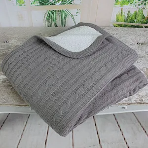 Double Layers Cable Knit Throw with Sherpa Backing