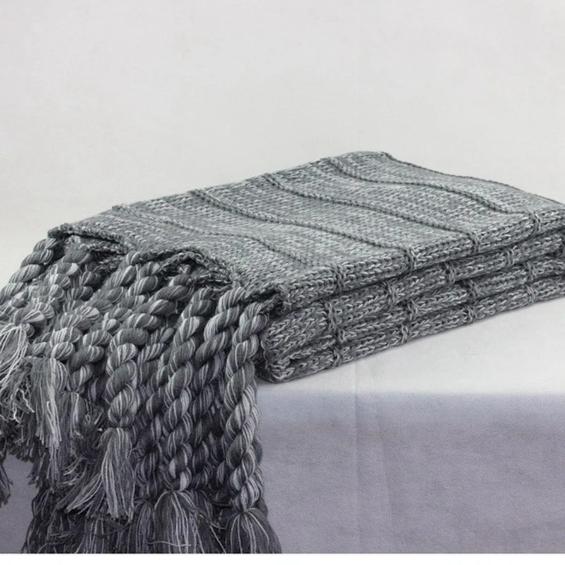 Chunky 100% Acrylic Sofa Decorative Blanket Knit Fringed Throw