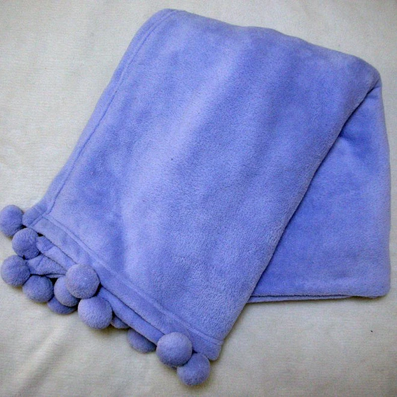 100%Polyester Super Soft Cheap Pom Pom  Coral Fleece Blanket