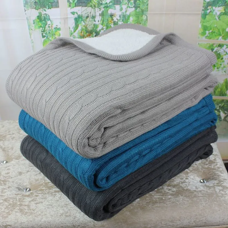 Double Layers Cable Knit Throw with Sherpa Backing
