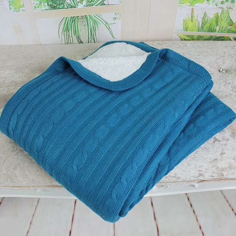Double Layers Cable Knit Throw with Sherpa Backing