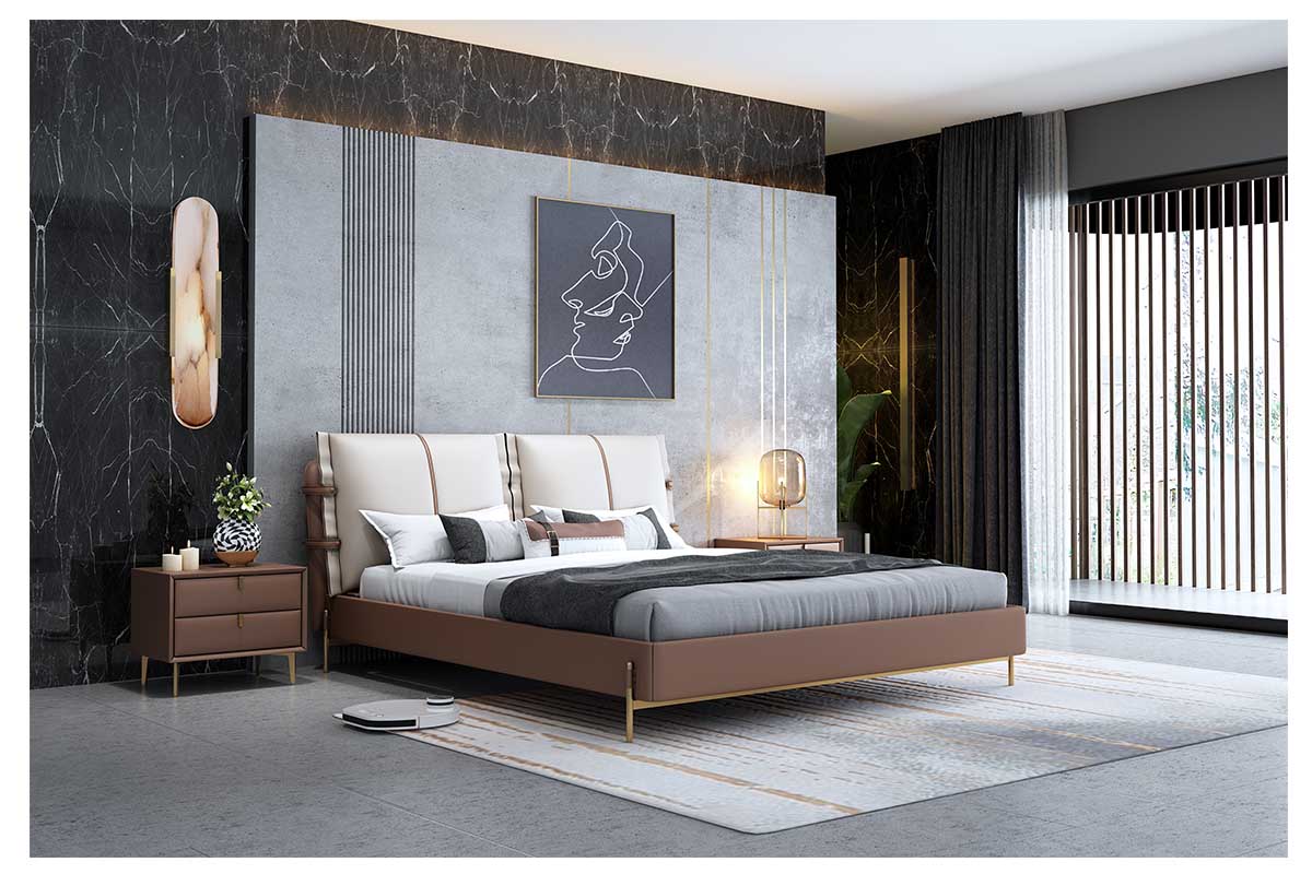 Fontana Bed HM424-2010B Italian minimalist light luxury leather bed simple modern upholstered master bedroom double bed