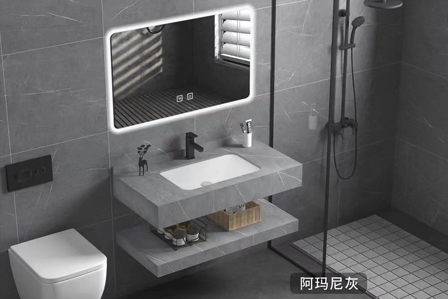 Vanity HM305-GR01 modern simple Sintered stone wash basin vanity bath mirror wall mounted bathroom furniture