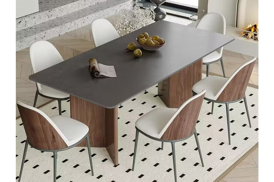 Retro-style black walnut solid wood dining table. Rectangular slab mid-century dining table.
