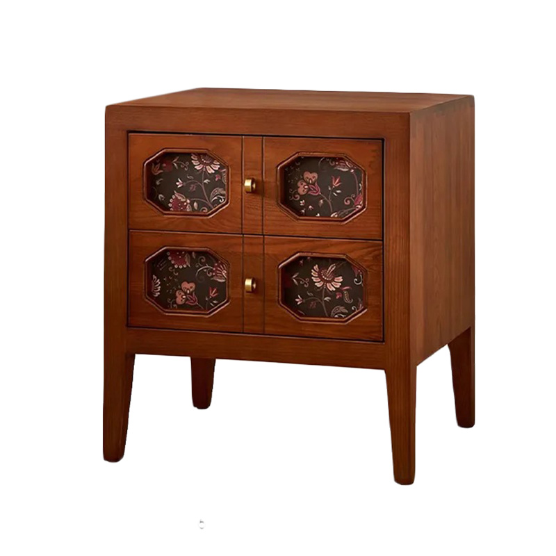 Luxury Solid Wood Retro Print Bedside Table Nightstand Storage Cabinet with Drawers