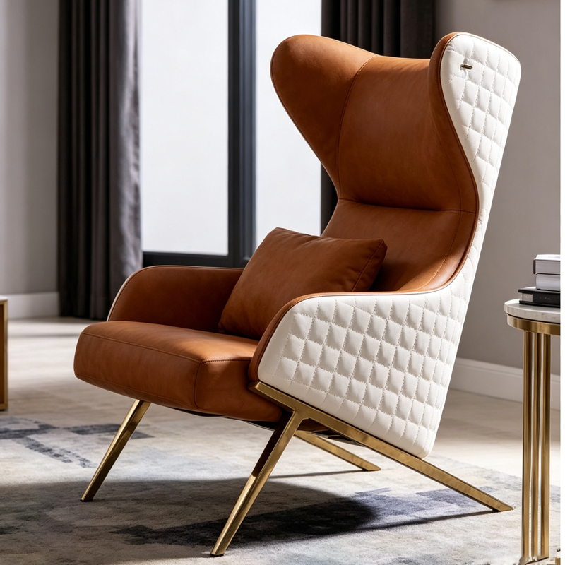 Luxury High-Back Wing Chair Caramel & Off-White Diamond Quilted Leisure chair