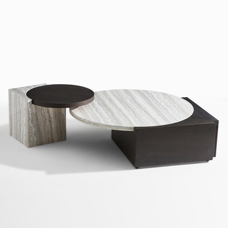 Modern Round Beige Wood Nested Coffee Tables with Block Base - Set of Two