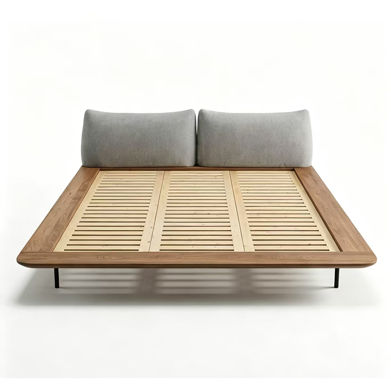Wabi-sabi style walnut colored solid wood double bed fabric minimalist design bedroom upholstered bed