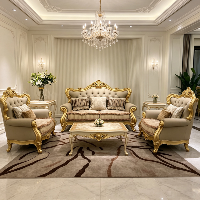 High-end French Rococo Hand-Carved Golden 1+2+3Sofa Set for Luxury Living Room