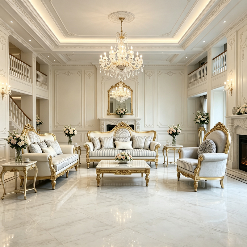 Luxury French Rococo Sofa Set, Ivory Striped Upholstery with Gilded Hand-Carved Wood Frame, High-End Living Room Furniture for Villa & Mansion