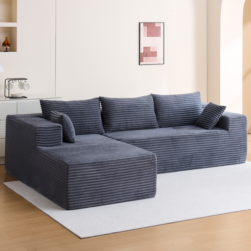 Vacuum Compressed L-Shaped Sectional Sofa, Modern Corduroy Fabric Modular Corner Couch with Throw Pillows, Compression Packed Chaise Lounge Sofa for Living Room