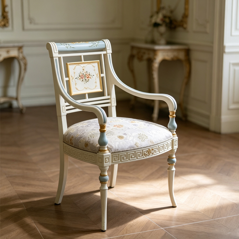 Armchair French Neoclassical light blue solid wood frame, floral jacquard upholstery for villa, study, dining room, boutique hotel