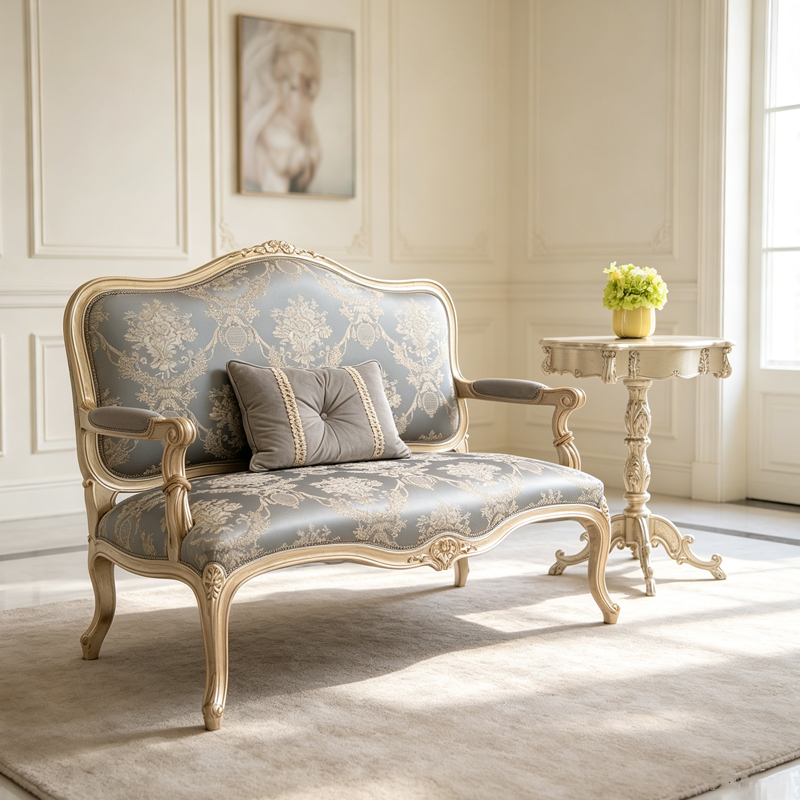 Vintage European Louis XV Style Loveseat, Handcrafted Carved Wood Frame, Silver Grey Damask Fabric Settee for Classic Interior Decor Two-seater Chair
